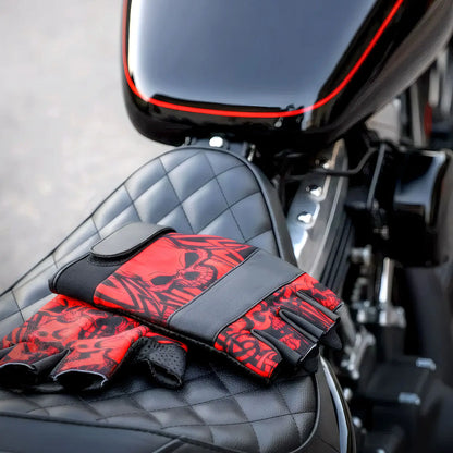 Hot Leathers GVM3010 Uni-Sex Black 'Red Skull' Fingerless Leather Gloves