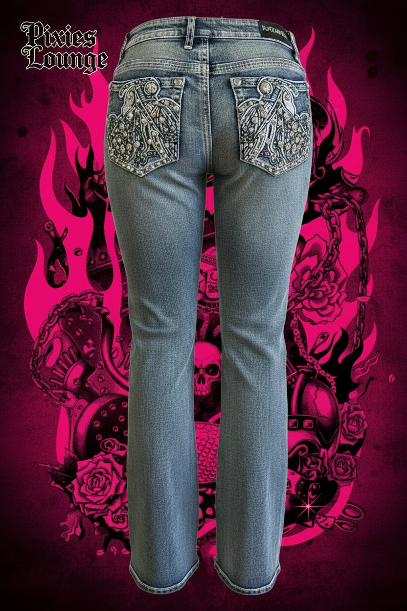 Platinum Plush Let’s Ride Motorcycle Rhinestone Bootcut Jeans