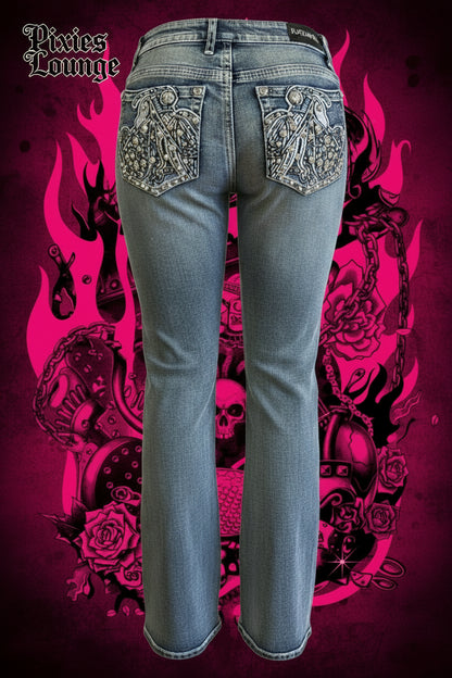 Platinum Plush Let’s Ride Motorcycle Rhinestone Bootcut Jeans