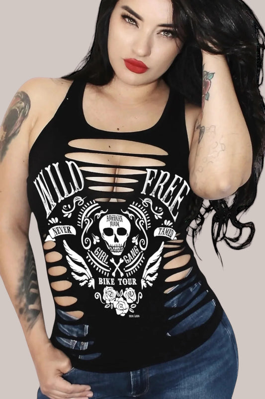 Demi loon wild and free slashed biker top front