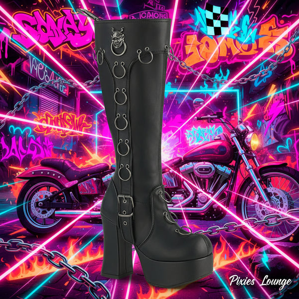 Demonia DoorKnocker Charade-211 Knee High Boots