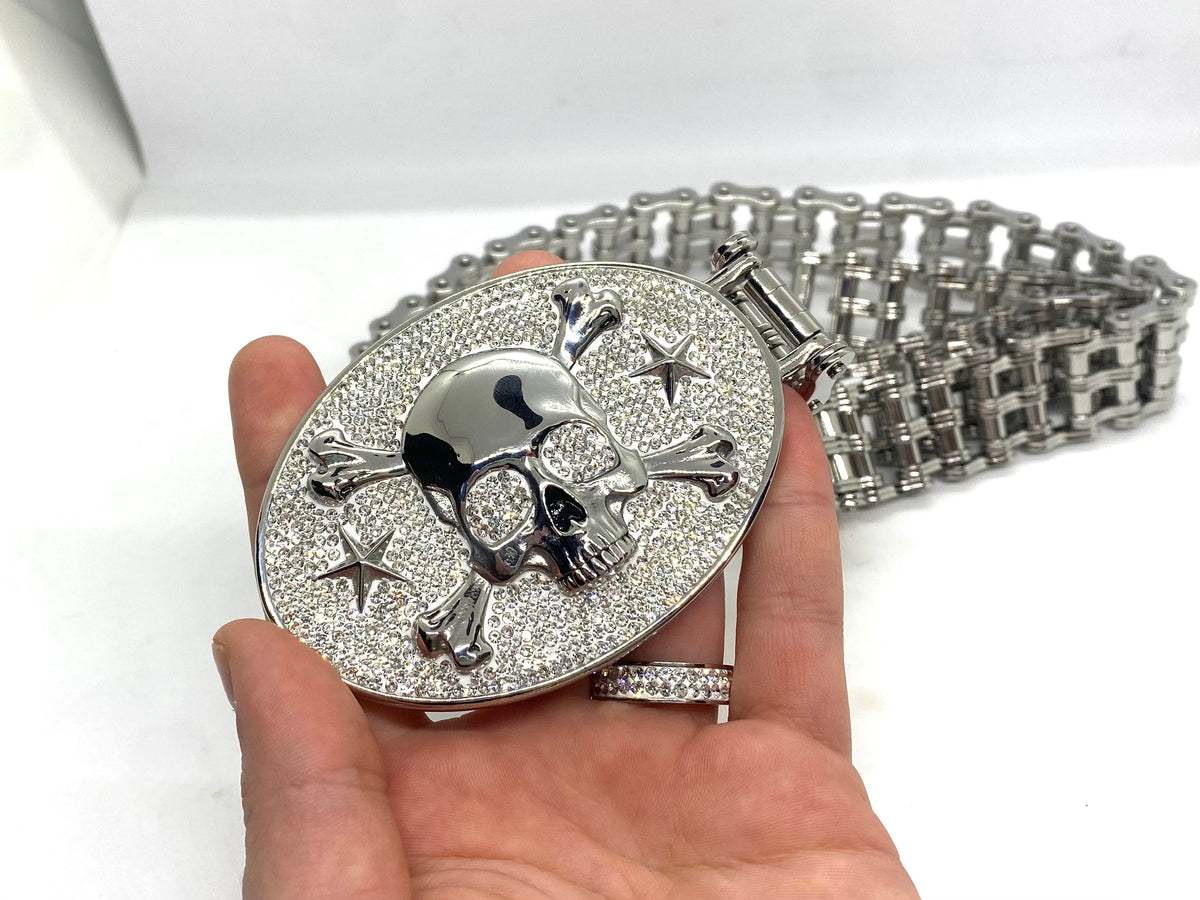 SK9000 Ladies Easy Rider Belt 1" Wide with Bling Skull Buckle Silver Color
