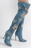 Kiss Me Thigh High Rhinestone Destroyed Boots