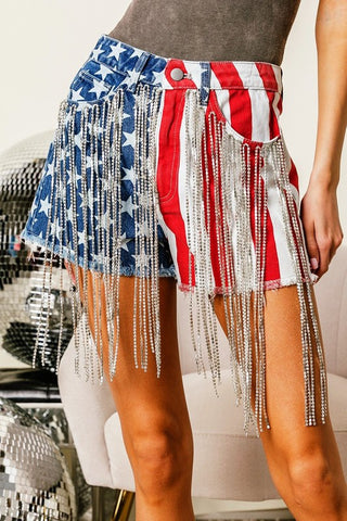 Flag Print Rhinestone Fringe Denim Shorts