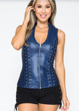 Sleeveless Zipper Top with Cross Cut Back