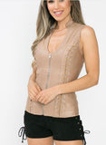 Suede Sleeveless Zipper Top with Halter