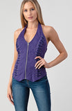 Suede Sleeveless Zipper Top with Halter