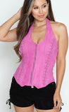 Suede Sleeveless Zipper Top with Halter