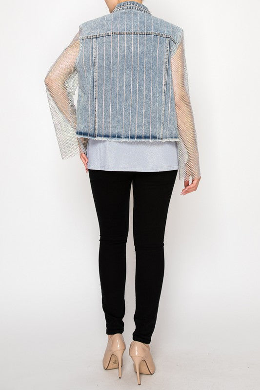 Rhinestone and Mesh Denim Jacket
