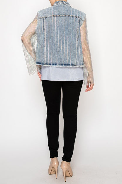 Rhinestone and Mesh Denim Jacket