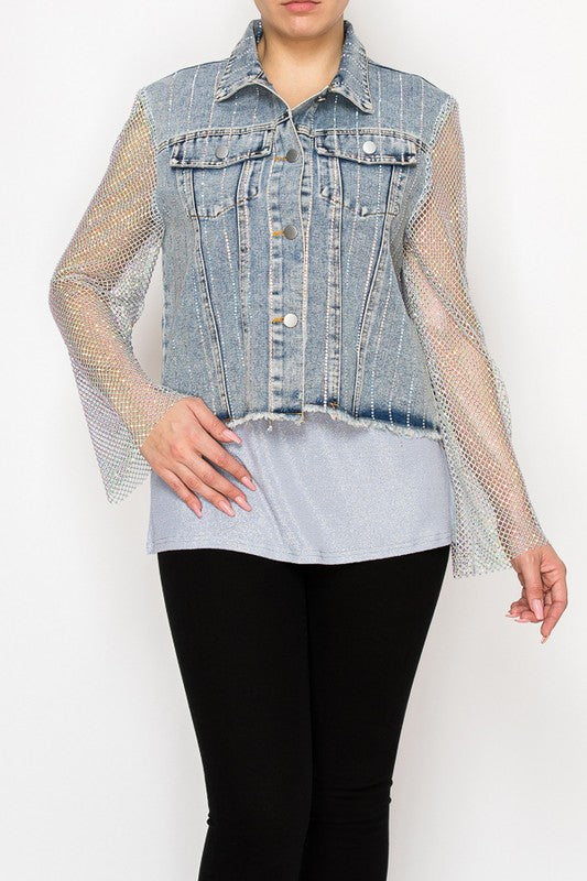 Rhinestone and Mesh Denim Jacket