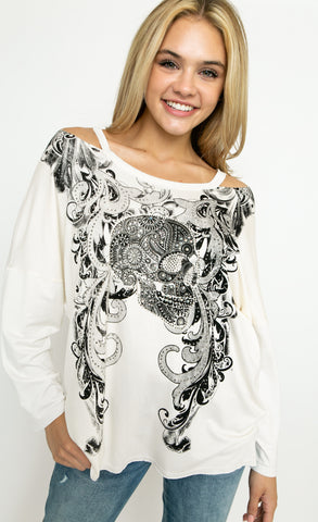 Vocal Distressed Skull Bling Top – Off-Shoulder
