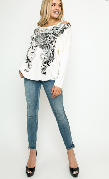 Vocal Distressed Skull Bling Top – Off-Shoulder