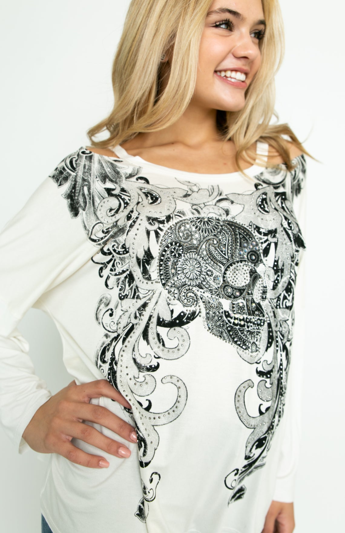 Vocal Distressed Skull Bling Top – Off-Shoulder