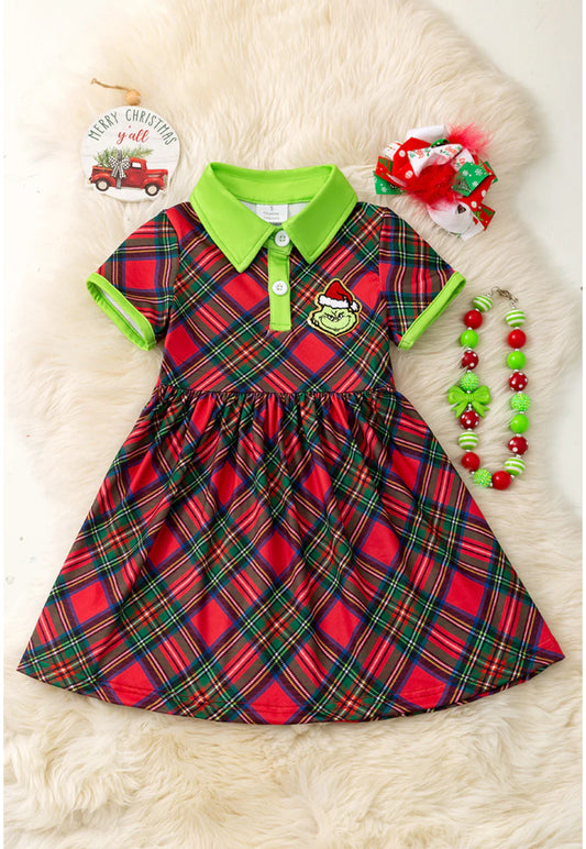 Little Miss Grinchmas Plaid Dress + Bow Set