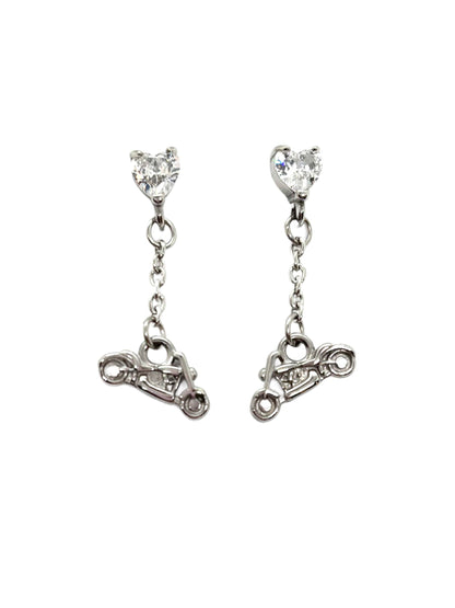 SK2707E Heart Crystal Motorcycle Earrings - Clear Stone