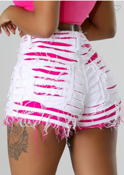 High Rise Contrast Double Layered Destroyed Shorts