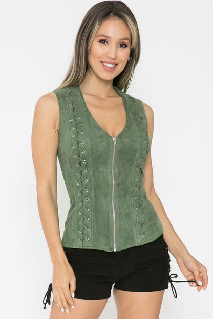 Suede Sleeveless Zipper Top with Cross Cut Back (Copy)