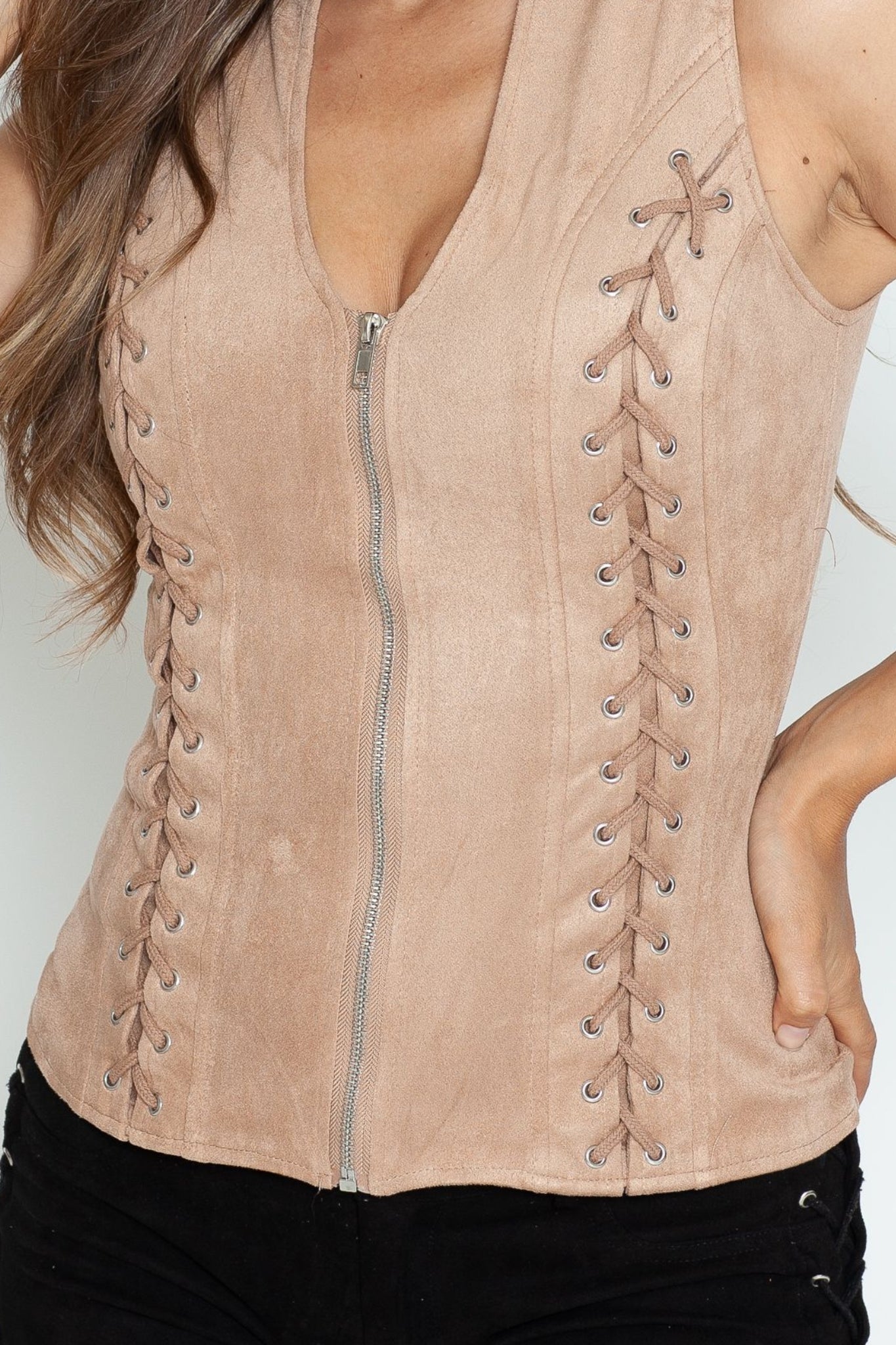 Suede Sleeveless Zipper Top with Cross Cut Back (Copy)