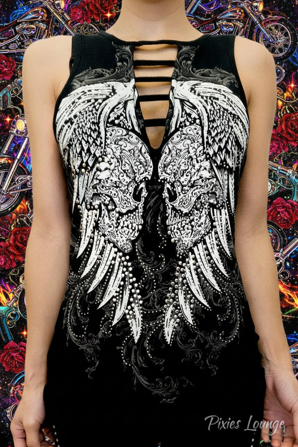 Platinum Plush Mirrored Skull Ladder Rhinestone Top