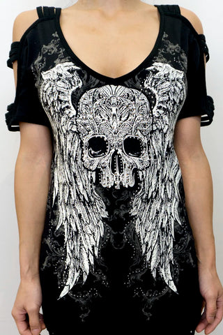 Watching Over Me Skull Cold Shoulder Top