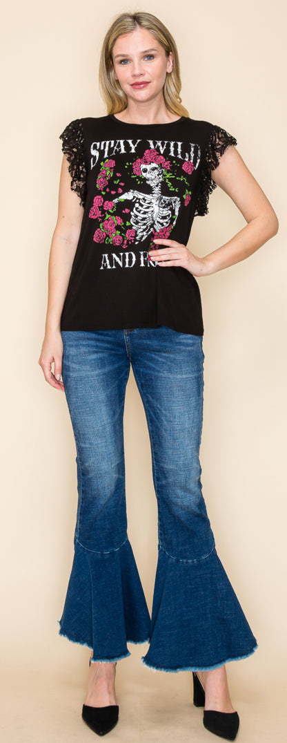 Skull & Roses Graphic Lace Top