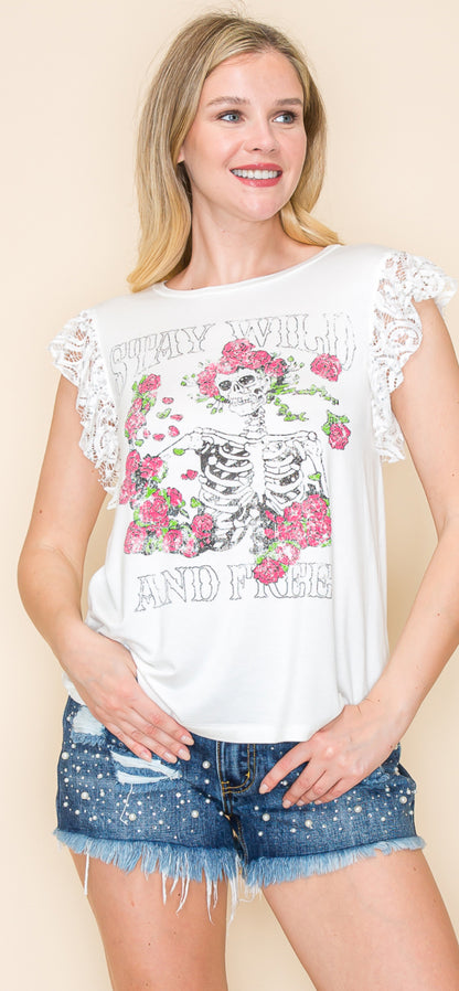 Skull & Roses Graphic Lace Top