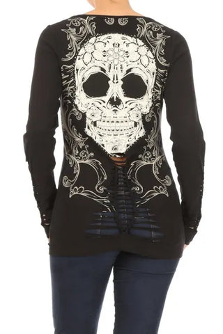 Platinum Plush Candy Skull Cut Out Rhinestone LS Top