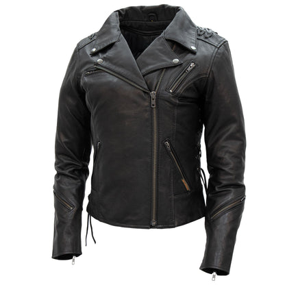 Hot Leathers JKL1027 Ladies Black Lace Detail Carry Conceal Leather Motorcycle Biker Jacket