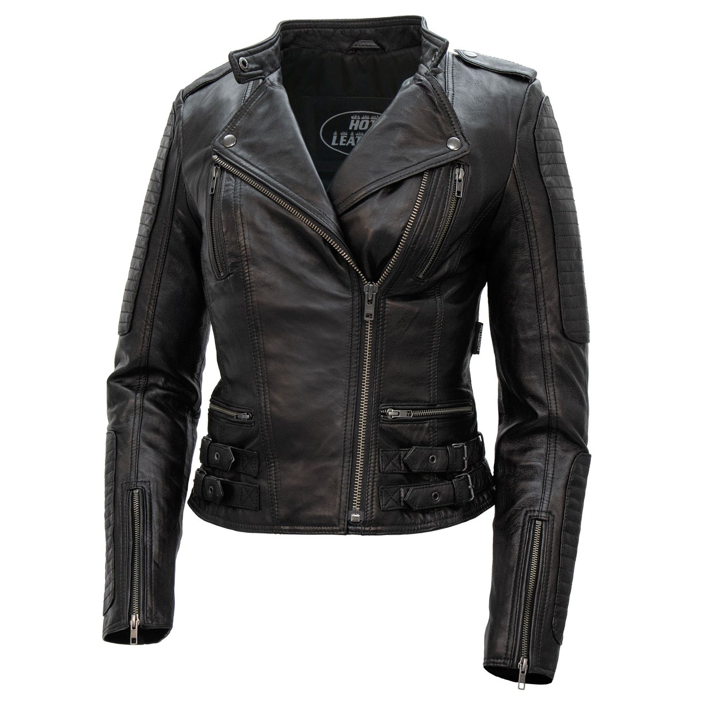 Hot Leathers JKL1030 Ladies Lightweight Motorcycle Black Leather Biker Jacket with Side Buckles