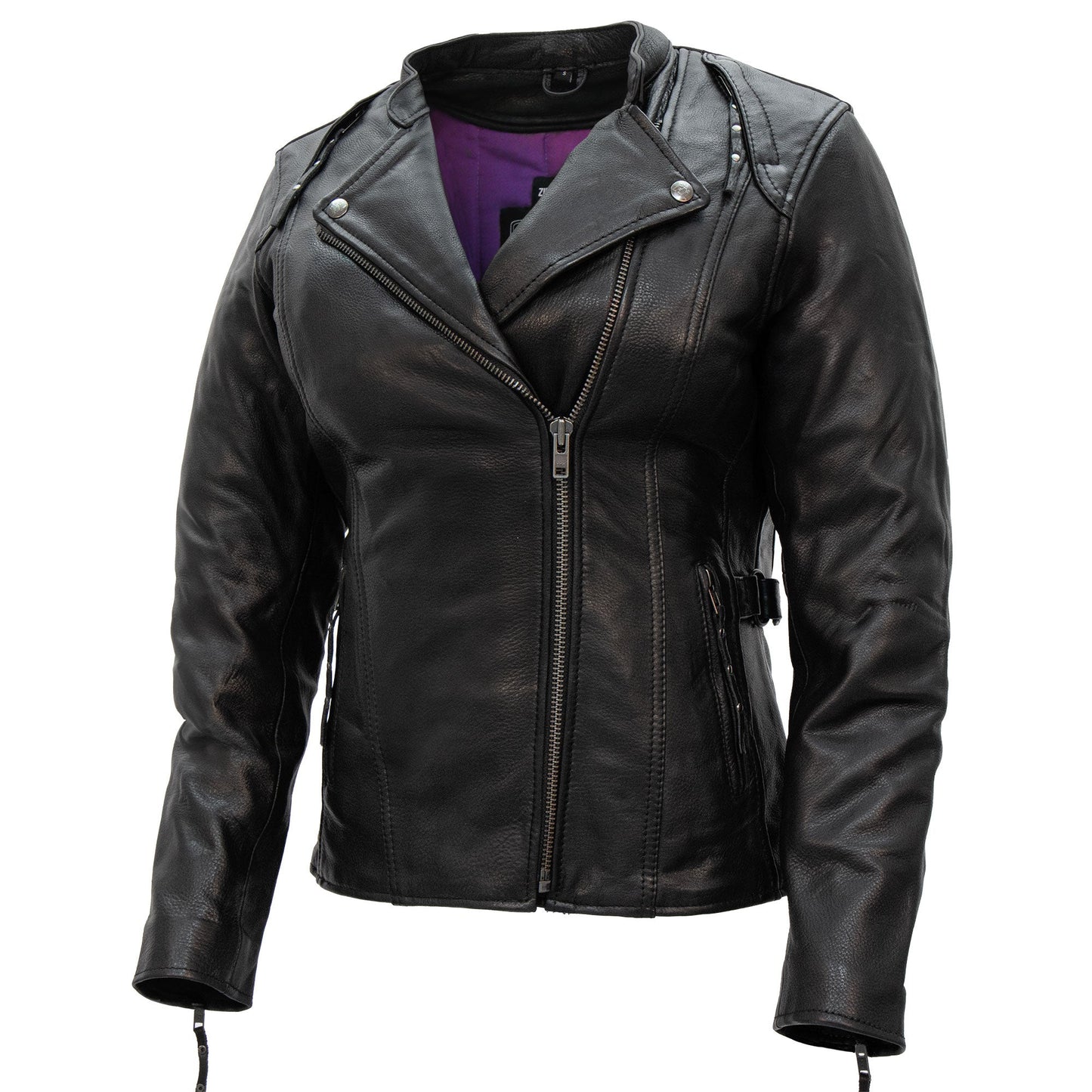 Hot Leathers JKL1032 Ladies Motorcycle Black Leather Biker Jacket with Vented Side Snaps