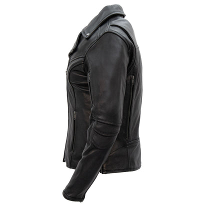 Hot Leathers JKL1034 Ladies Biker Black Leather Motorcycle Jacket with Plaid Flannel Lining