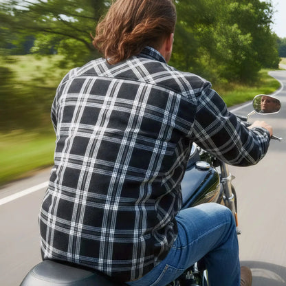 Hot Leathers Men's 'Road Wolf' White/Black Cotton Flannel Shirt - Button Front - Riding Protective Wear - JKM3002
