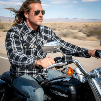 Hot Leathers Men's 'Road Wolf' White/Black Cotton Flannel Shirt - Button Front - Riding Protective Wear - JKM3002
