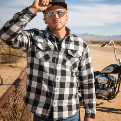 Hot Leathers Men's 'Iron Outlaw' White/Black Cotton Flannel Shirt - Button Front - Riding Protective Wear - JKM3005
