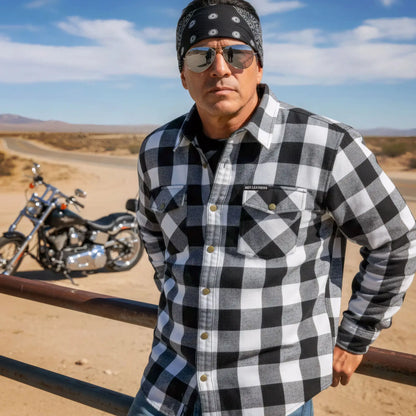 Hot Leathers Men's 'Iron Outlaw' White/Black Cotton Flannel Shirt - Button Front - Riding Protective Wear - JKM3005