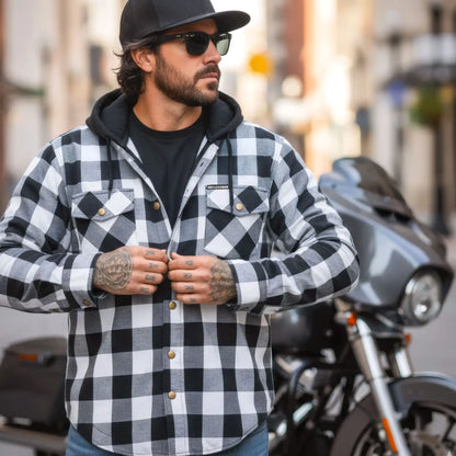 Hot Leathers Men's 'Death March' White/Black Cotton Flannel Shirt - Button Front - Riding Protective Wear - JKM3006