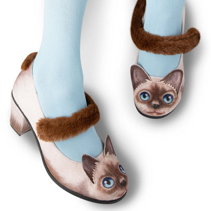 Siamese Cat Women's Mary Jane Mid Heels