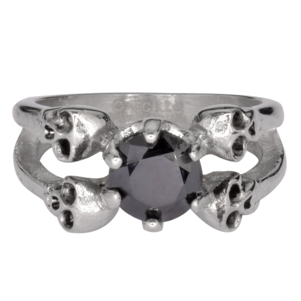SK1055  Ladies Black Stone Four Solitaire Skull Ring Stainless Steel Motorcycle Jewelry  Sizes 5-10