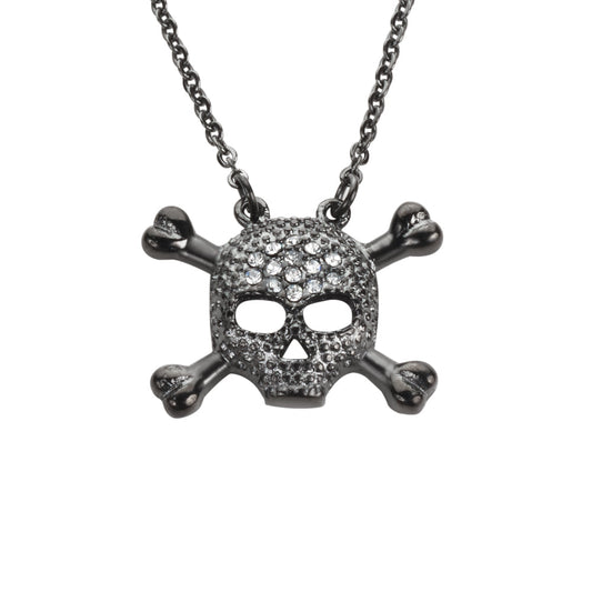 SK1527 Ladies Small Black Skull Bones Crystal Bling Necklace 19" 1/2" Tall Stainless Steel Motorcycle Jewelry