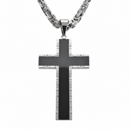 SK1572 2.5" Onyx Inlay Cross With 5 Millimeter Byzantine Necklace 24" Stainless Steel Religious Jewelry