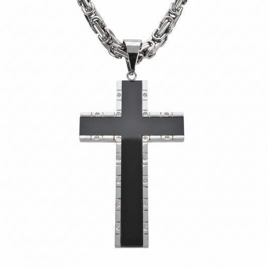 SK1572 2.5" Onyx Inlay Cross With 5 Millimeter Byzantine Necklace 24" Stainless Steel Religious Jewelry