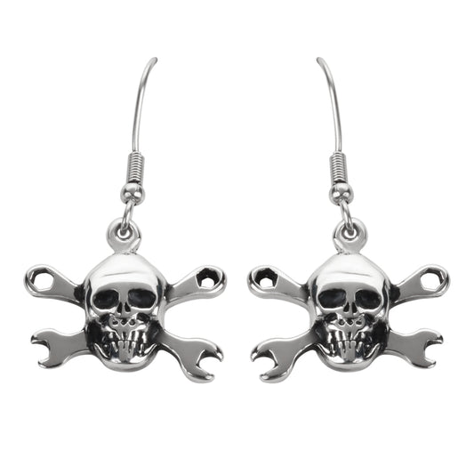 SK1630  Skull Wrenches French Wire Earrings Stainless Steel Motorcycle Biker Jewelry
