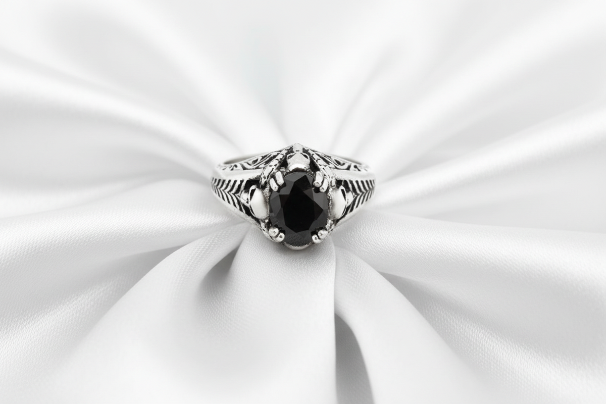 SK2264 Ladies Solitaire Skull Ring Imitation Black Stone Stainless Steel Motorcycle Biker Jewelry Sizes 5-10
