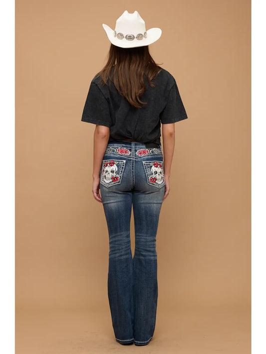 Rose Rebel Skull Rhinestone Bootcut Jeans