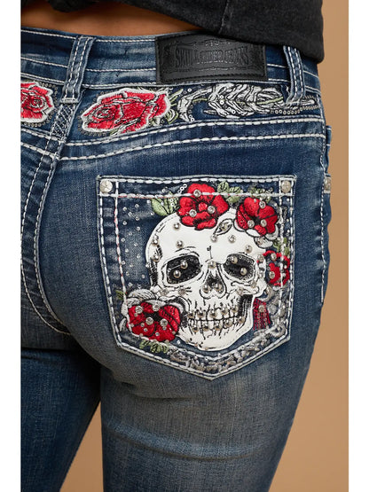 Rose Rebel Skull Rhinestone Bootcut Jeans