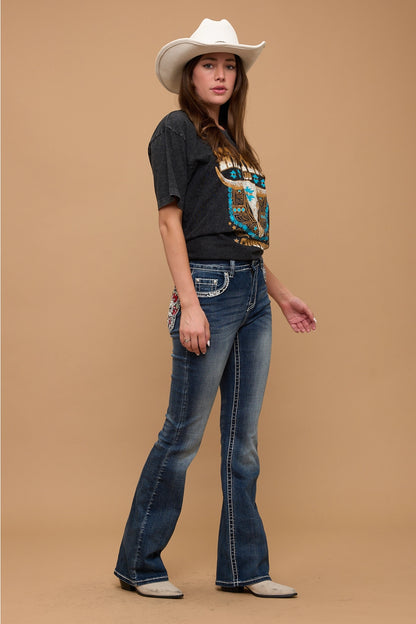 Rose Rebel Skull Rhinestone Bootcut Jeans