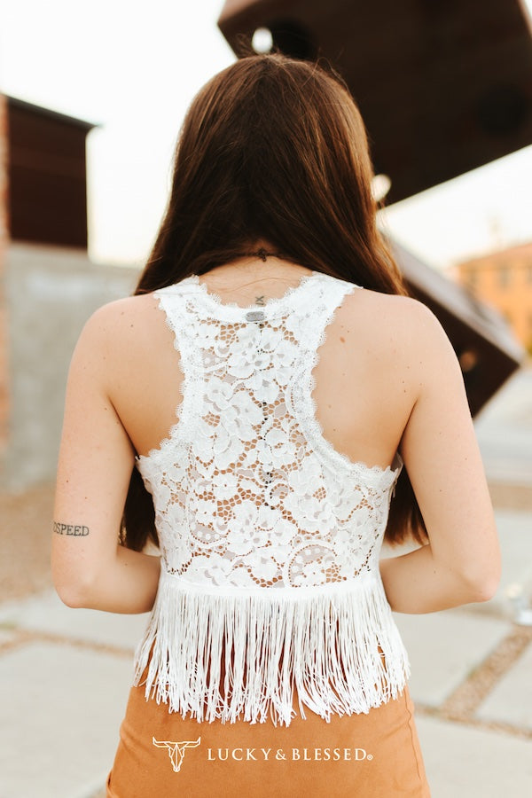 Lace Fringe Sleeveless V Neck Top by Lucky & Blessed
