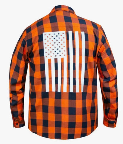 UNIK Mens Reflective USA Flag Black and Orange Flannel Shirt