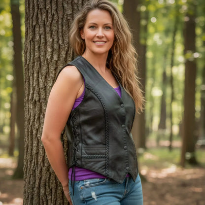 Hot Leathers VSL1006 Ladies Motorcycle Black Leather Braided Biker Vest